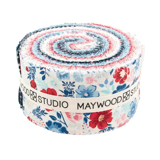 Photo of Maywood Studio 100% Cotton Fabric in Star Spangled Beauty from Kimberbell Basics - Jelly Roll - 2-1/2" strips. 40pc.